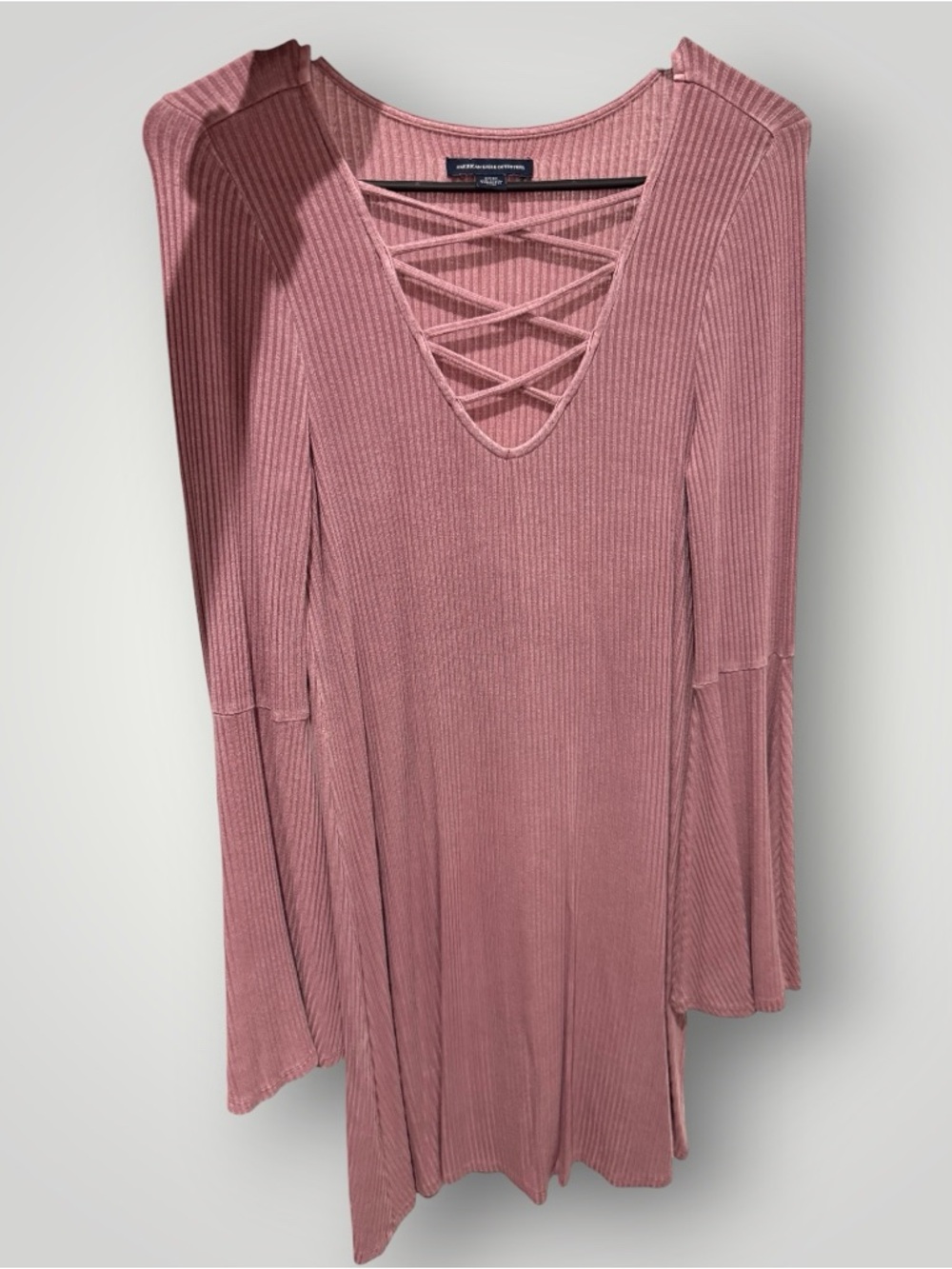 American Eagle Ribbed Lace-Up Front Bell Sleeve Mini Dress - Dusty Rose (S)